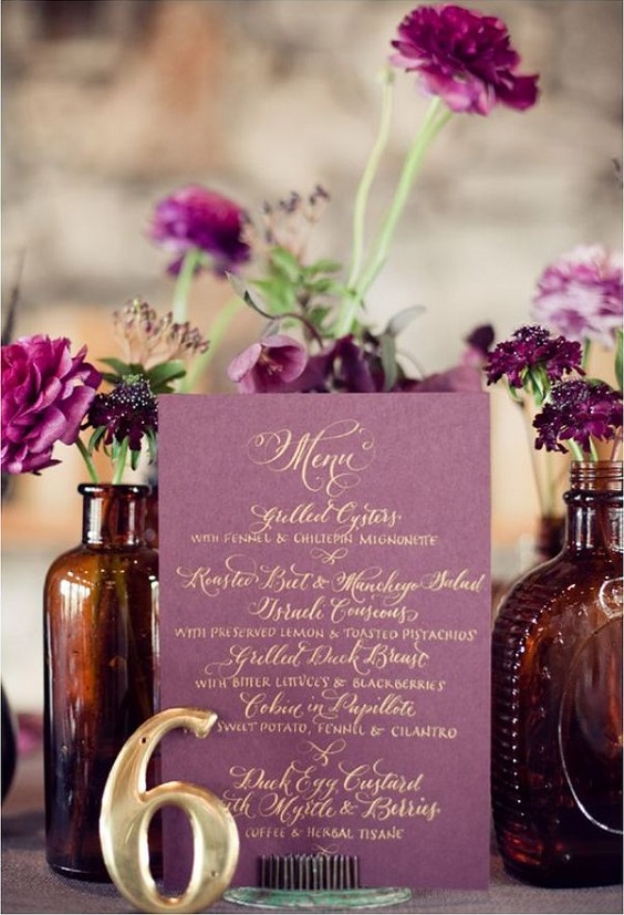gold table numbers purple centerpiece for purple gold rustic country wedding